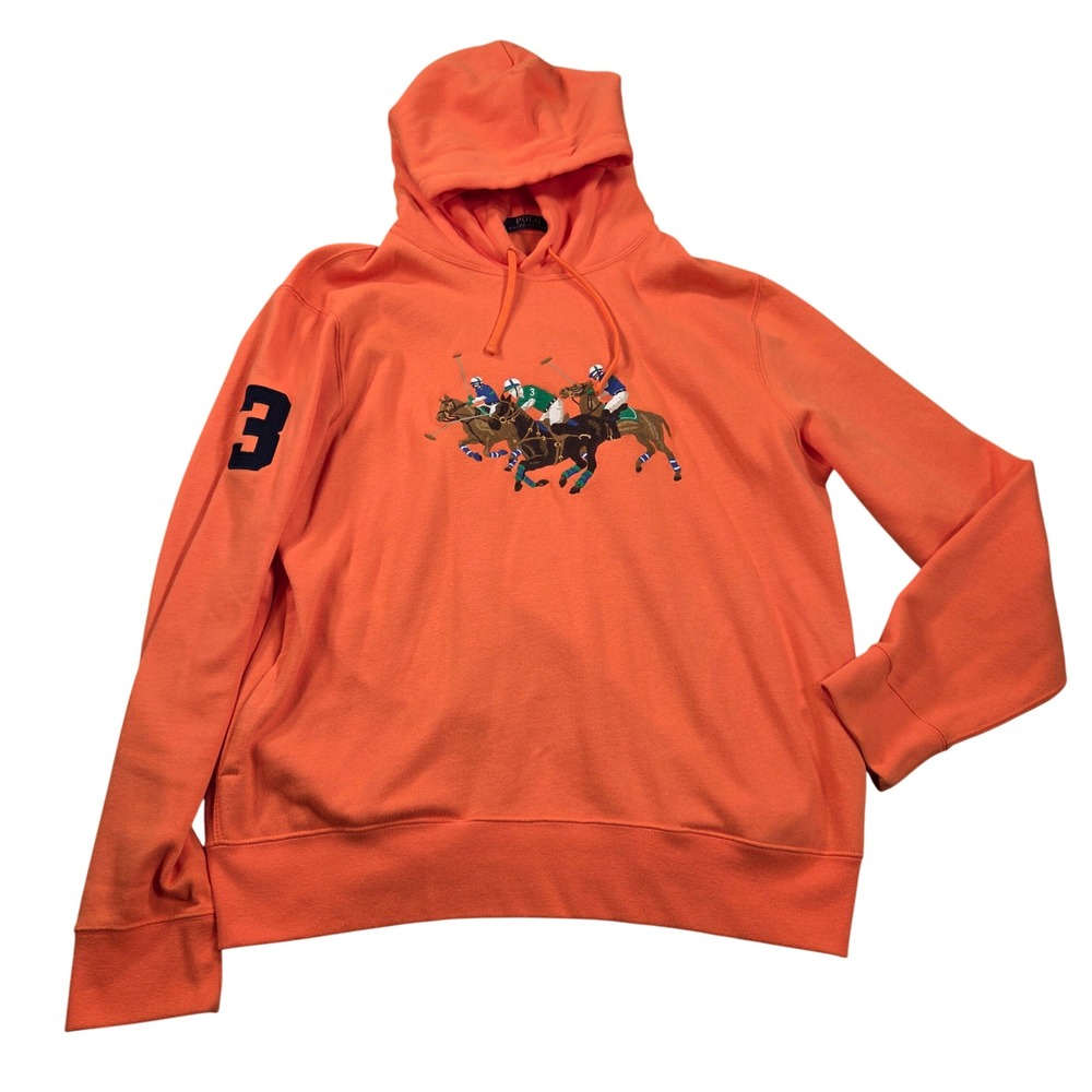 Polo Ralph Lauren Hoodie Sweatshirt Mens Large Orange Triple Pony Fleece Patch 3